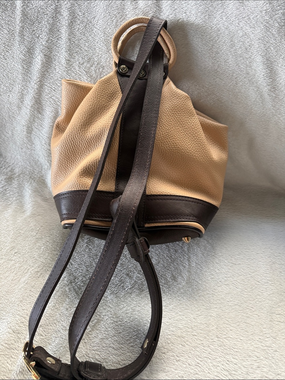 Valentina Beige and Dark Brown Leather Mini Backpack , made in Italy - Picture 4 of 9